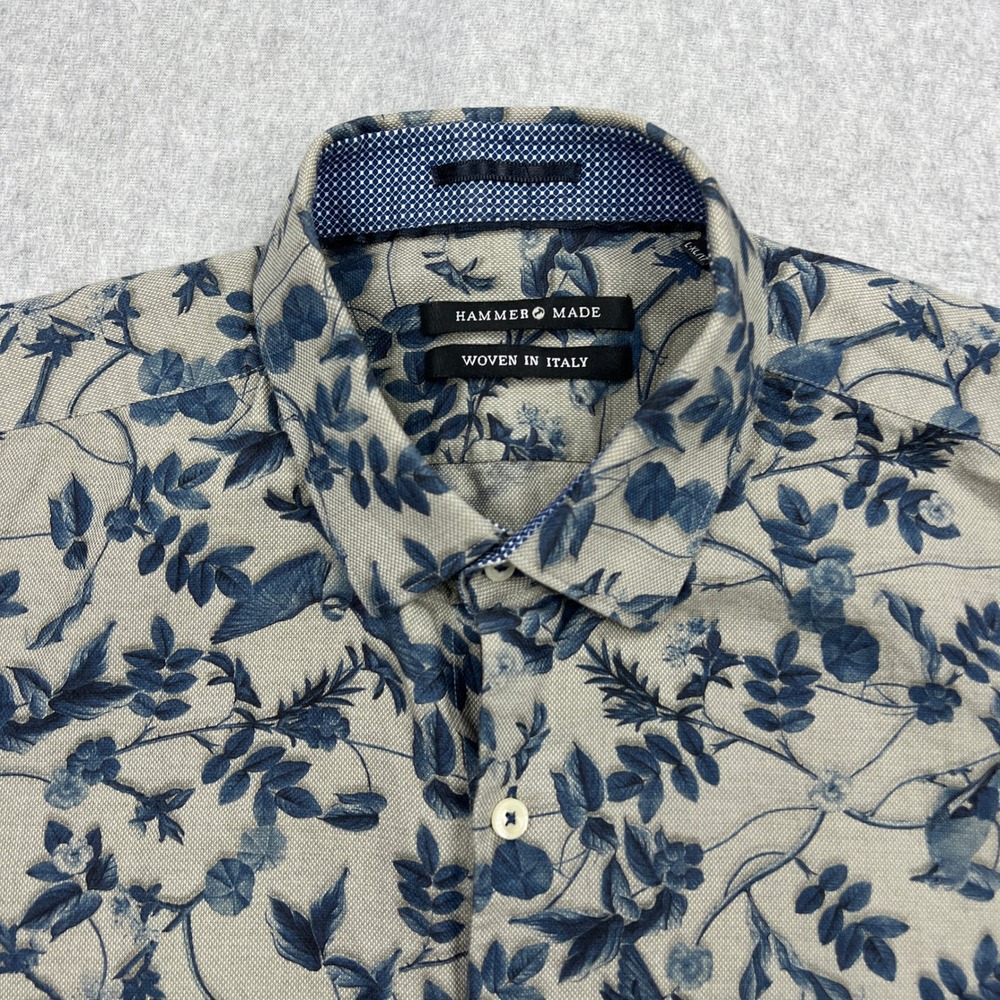 Hammer Made Limited Edition Shirt Mens L-XL/17 Tan Blue Floral Bird Short Sleeve